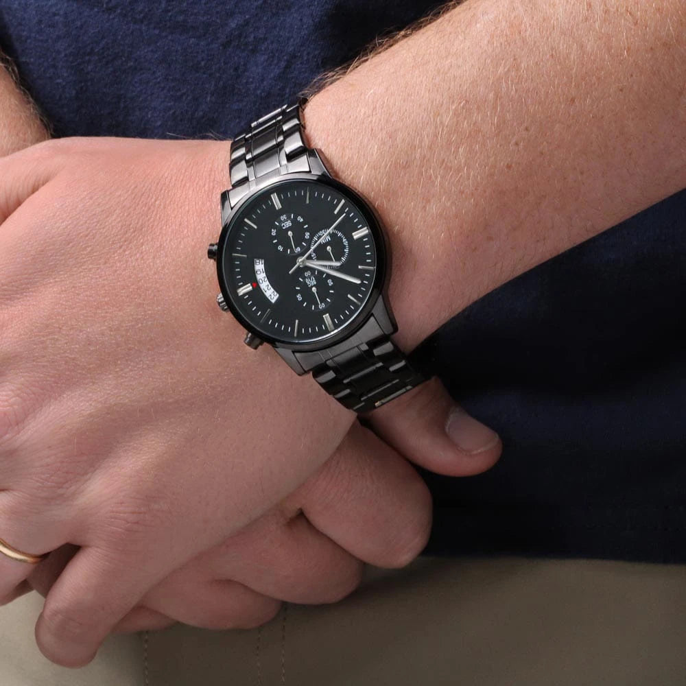 To My Dad Black Chronograph Watch From Kids Value of Time Showcase on Wrist
