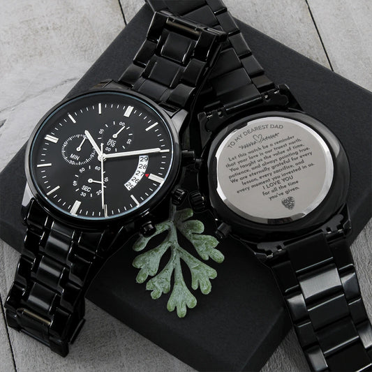 To My Dad Black Chronograph Watch From Kids Value of Time Showcase with the Back