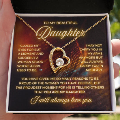 To My Daughter 18K Yellow Gold Forever Love Necklace From Mom Be Proud Message Card Jewelry Standard Box