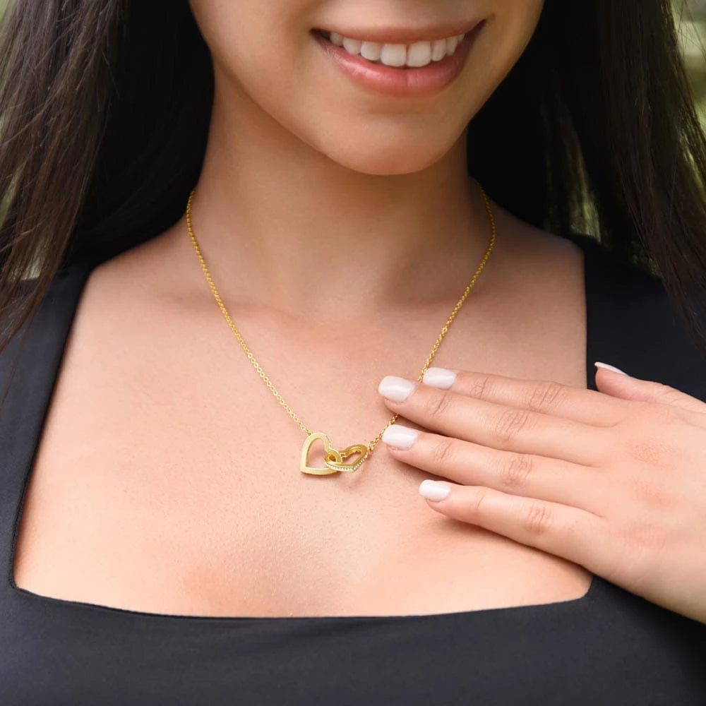 To My Daughter 18K Yellow Gold Interlocking Hearts Necklace From Mom My Baby Girl Display on Neck
