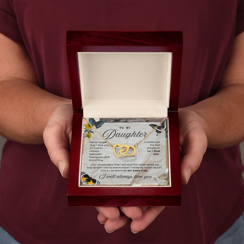 To My Daughter 18K Yellow Gold Interlocking Hearts Necklace From Mom My Baby Girl Message Card Jewelry Luxury Box