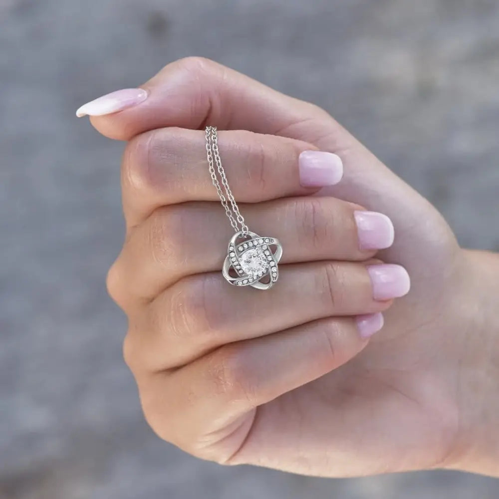 To My Daughter Gift Love Knot Necklace from Dad 14K White Gold Display In Hand