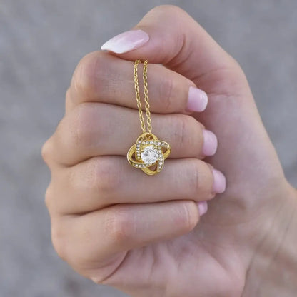 To My Daughter Gift Love Knot Necklace from Dad 18K Yellow Gold Display In Hand