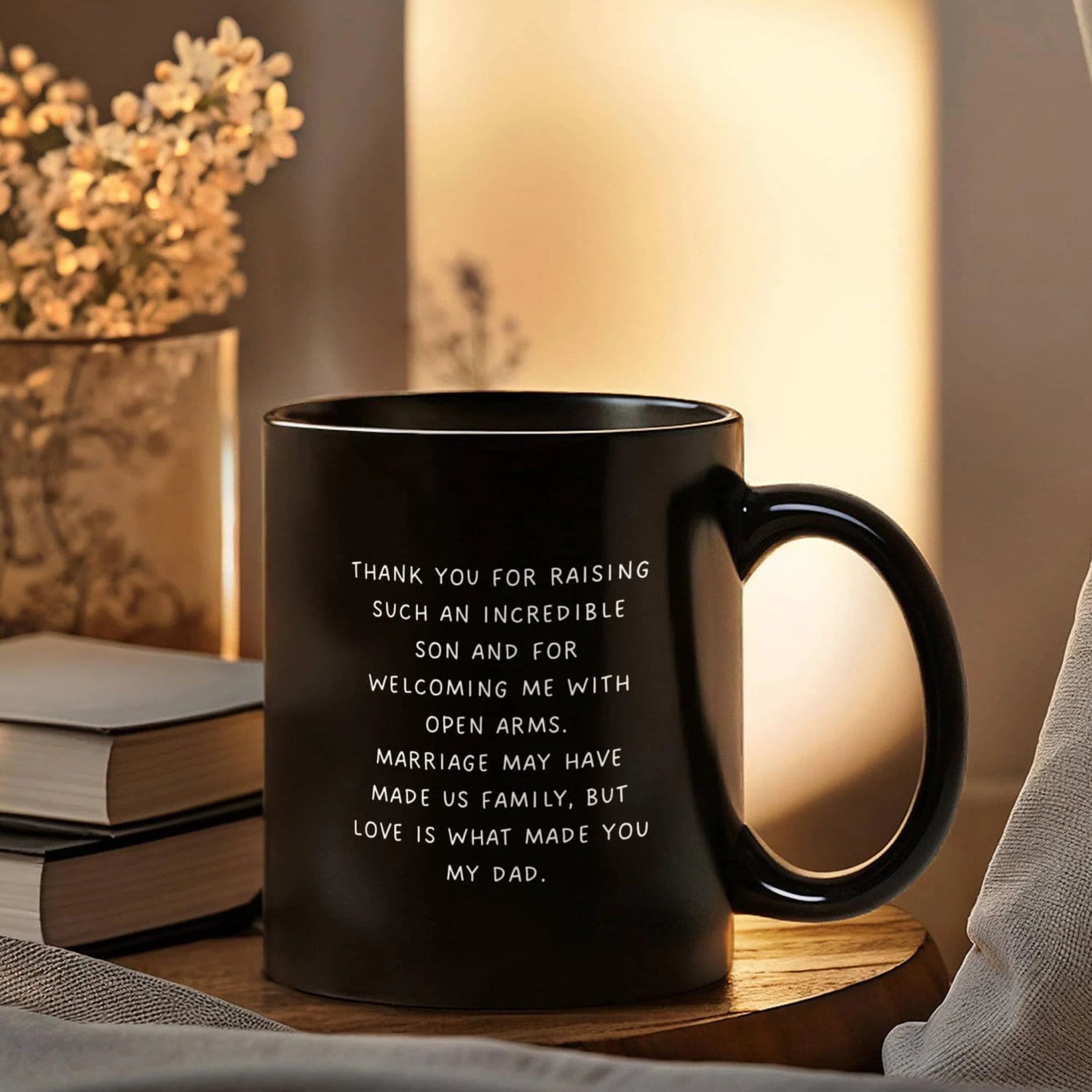 To My Father-in-law 11oz Black Ceramic Mug From Bride or Daughter-in-law Thank You Display on Table