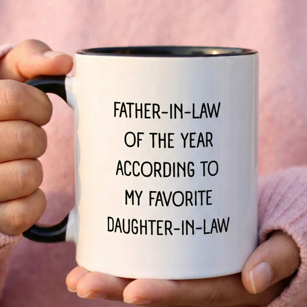 To My Father-in-law 11oz Black Color Coffee Mugs From Daughter-in-law Of The Year Display in Hand
