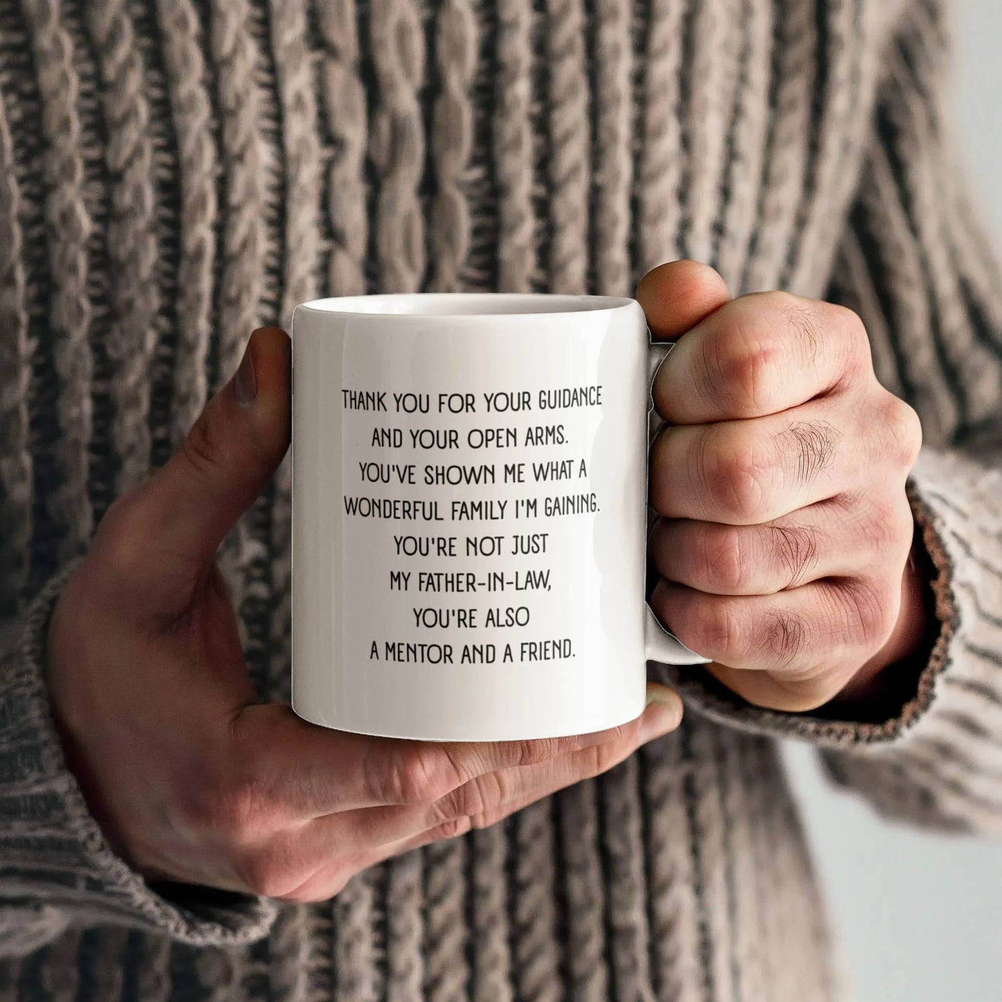 To My Father-in-law 11oz White Ceramic Mug From Daughter-in-law A Friend Product Specifications Display in Hand