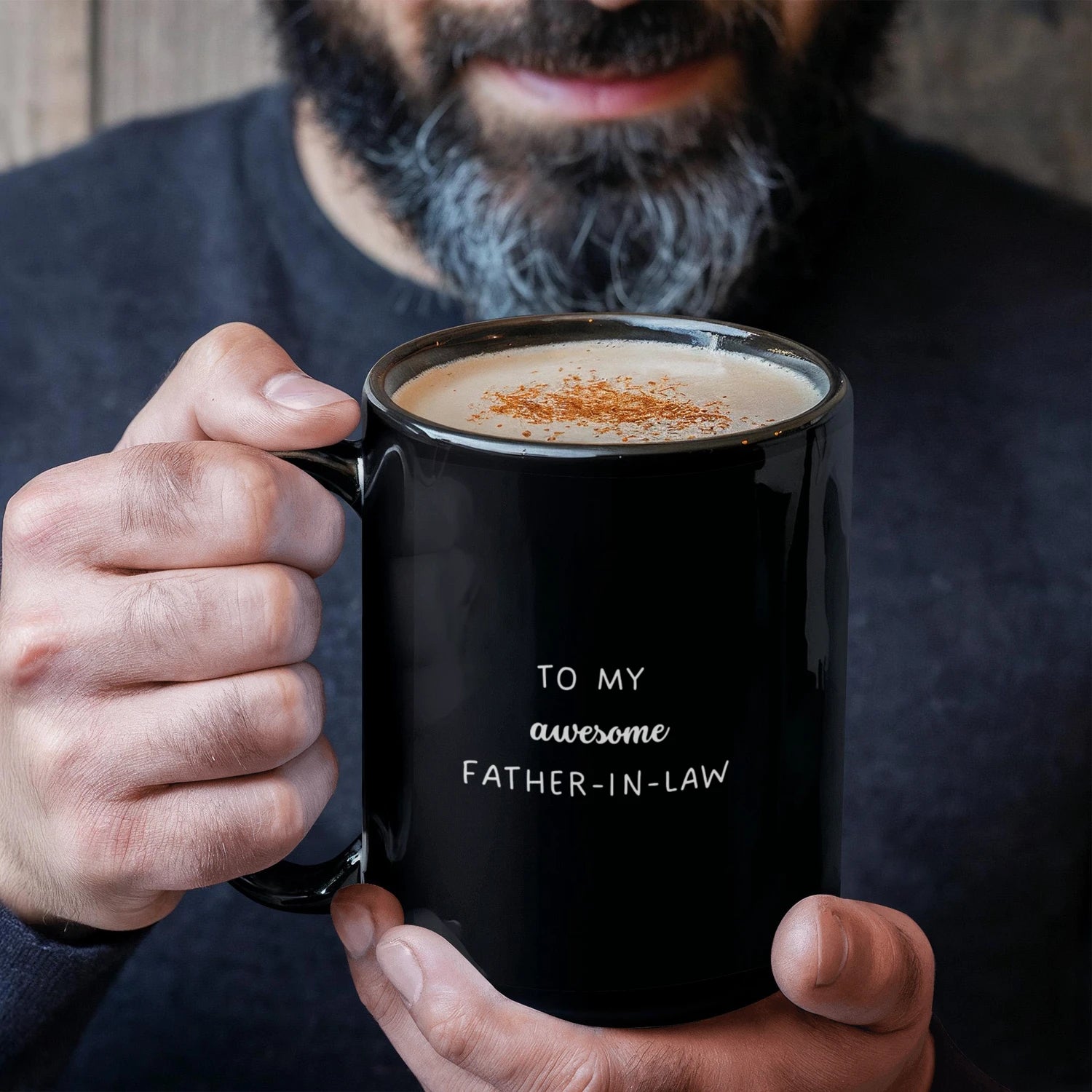 To My Father-in-law 15oz Black Ceramic Coffee Mug From Bride or Daughter-in-law Thank You Display