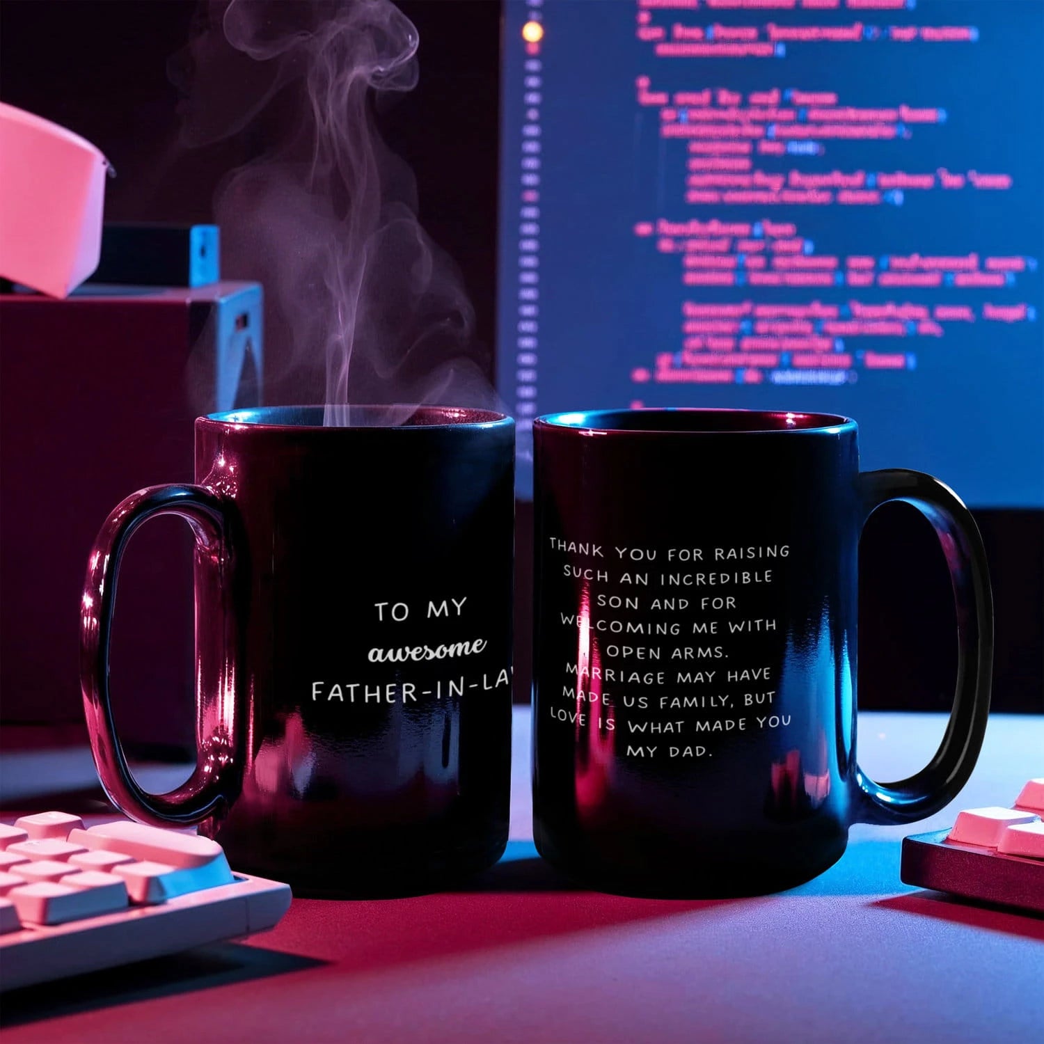 To My Father-in-law 15oz Black Ceramic Mug From Bride or Daughter-in-law Thank You Display Both Sides