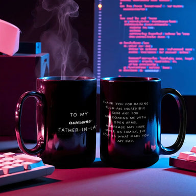 To My Father-in-law 15oz Black Ceramic Mug From Bride or Daughter-in-law Thank You Display Both Sides