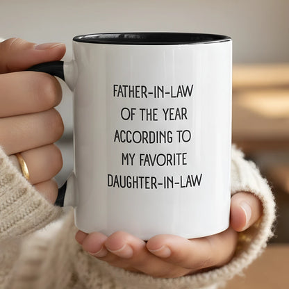 To My Father-in-law 15oz Black Color Coffee Mugs From Daughter-in-law Of The Year Display in Hand
