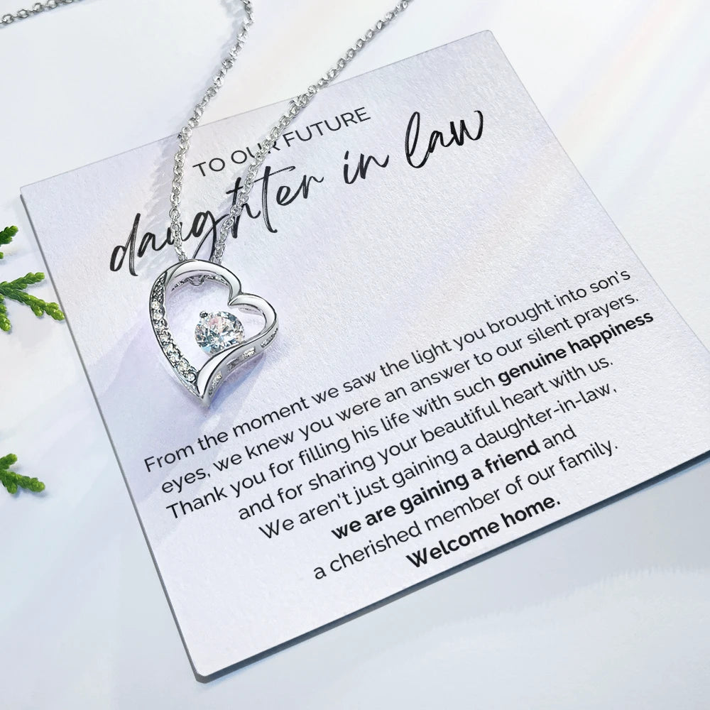 To My Future Daughter-in-law 14K White Gold Forever Love Necklace From Parent-in-law Welcome Home Message Card Jewelry Display