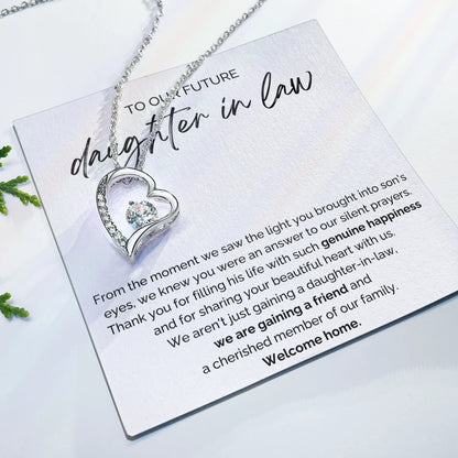 To My Future Daughter-in-law 14K White Gold Forever Love Necklace From Parent-in-law Welcome Home Message Card Jewelry Display