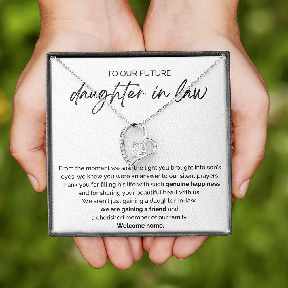 To My Future Daughter-in-law 14K White Gold Forever Love Necklace From Parent-in-law Welcome Home Message Card Jewelry Standard Box