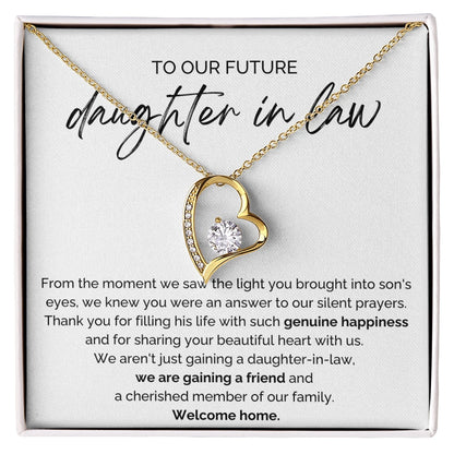 To My Future Daughter-in-law 18K Yellow Gold Forever Love Necklace From Parent-in-law Welcome Home Message Card Jewelry