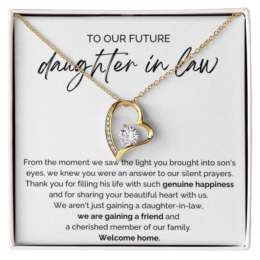 To My Future Daughter-in-law 18K Yellow Gold Forever Love Necklace From Parent-in-law Welcome Home Message Card Jewelry