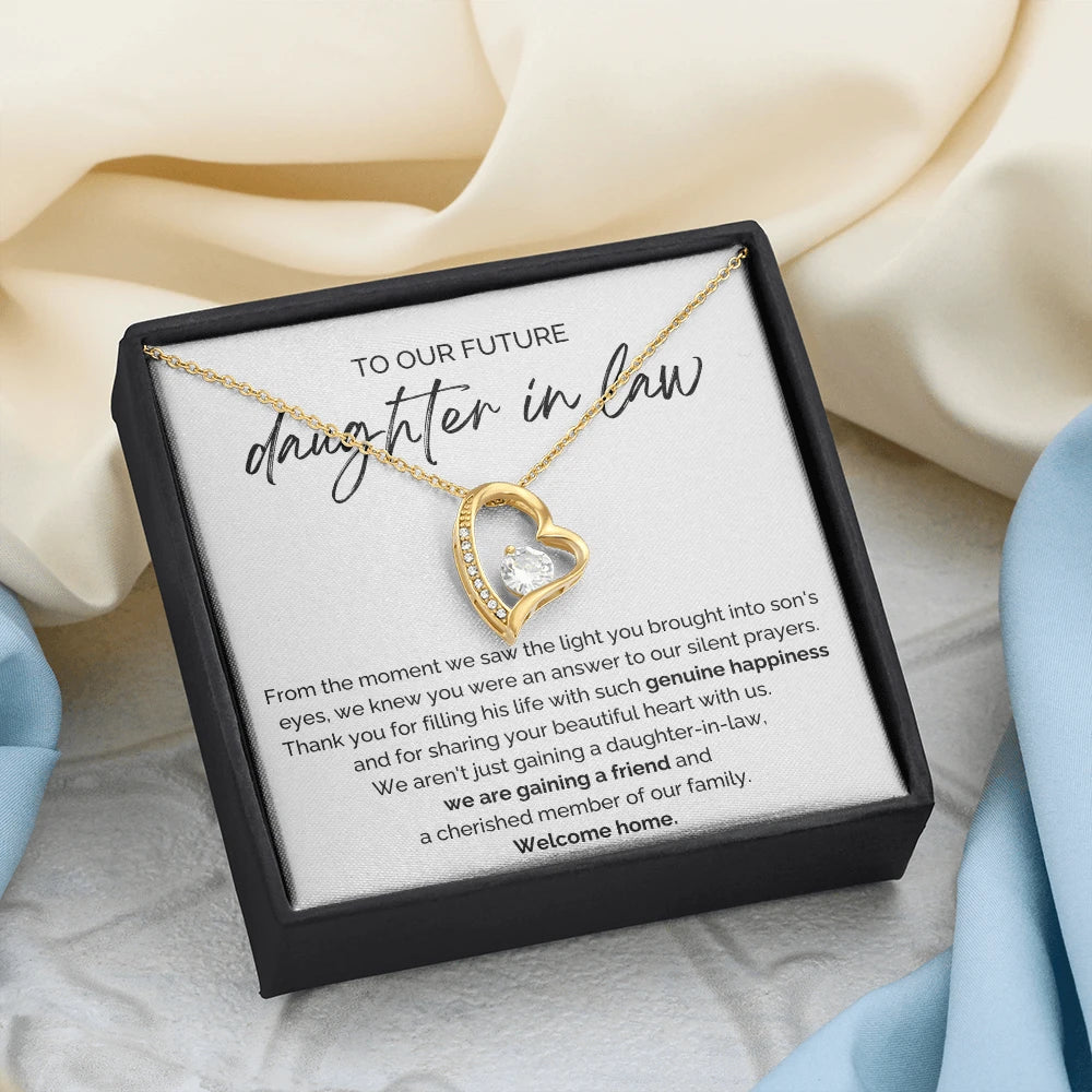 To My Future Daughter-in-law 18K Yellow Gold Forever Love Necklace From Parent-in-law Welcome Home Message Card Jewelry Standard Box