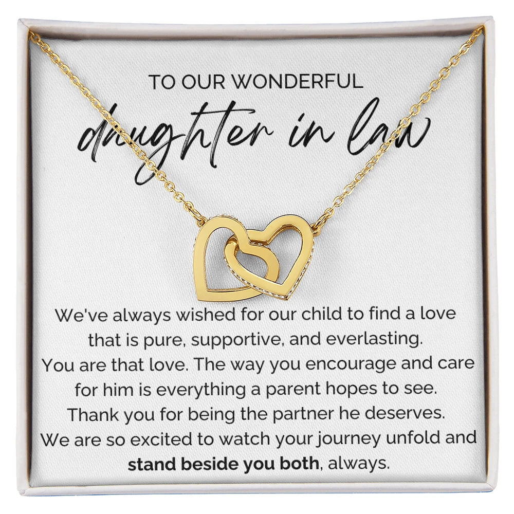 To My Future Daughter-in-law 18K Yellow Gold Interlocking Hearts Necklace From Parent-in-law Stand Beside You Both Message Card Jewelry