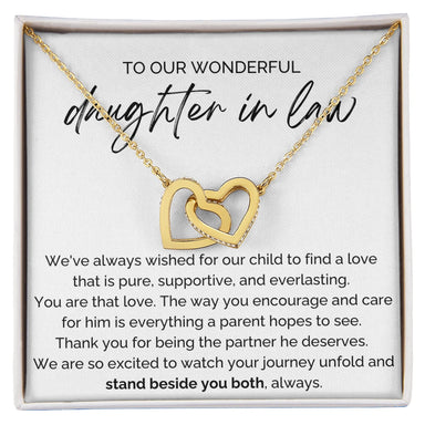 To My Future Daughter-in-law 18K Yellow Gold Interlocking Hearts Necklace From Parent-in-law Stand Beside You Both Message Card Jewelry