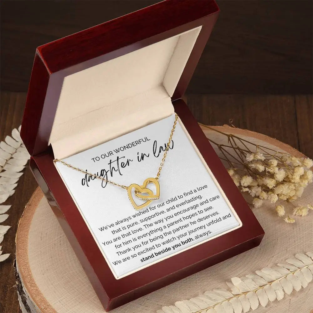 To My Future Daughter-in-law 18K Yellow Gold Interlocking Hearts Necklace From Parent-in-law Stand Beside You Both Message Card Jewelry Luxury Box