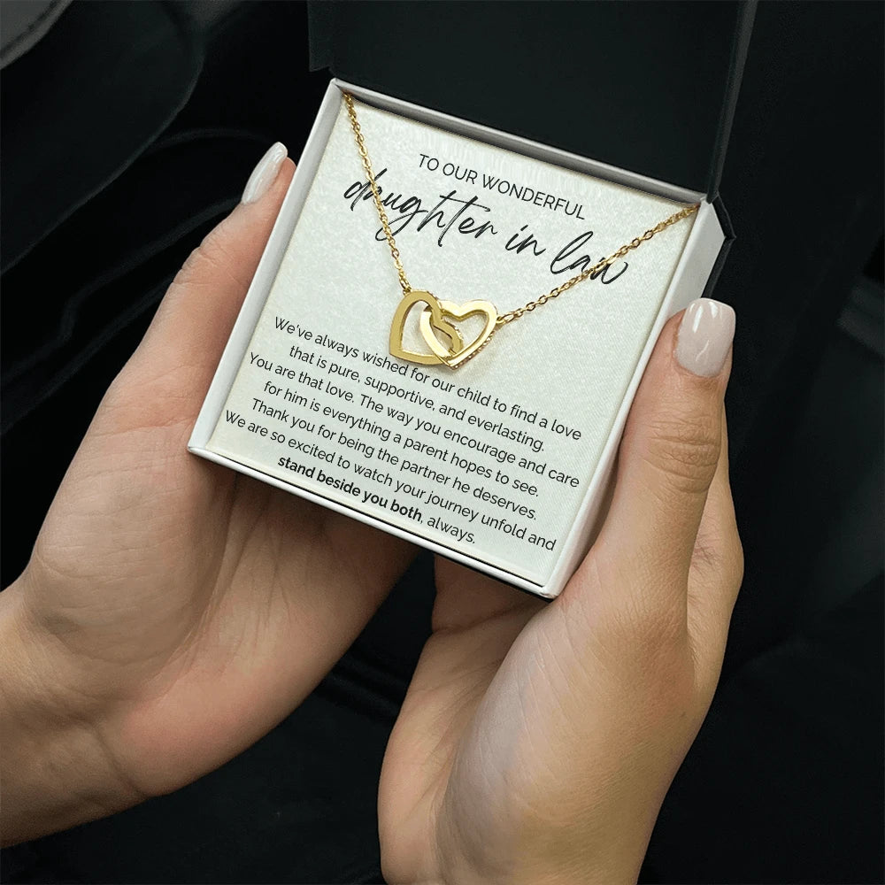 To My Future Daughter-in-law 18K Yellow Gold Interlocking Hearts Necklace From Parent-in-law Stand Beside You Both Message Card Jewelry Standard Box