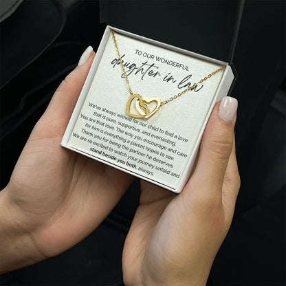 To My Future Daughter-in-law 18K Yellow Gold Interlocking Hearts Necklace From Parent-in-law Stand Beside You Both Message Card Jewelry Standard Box