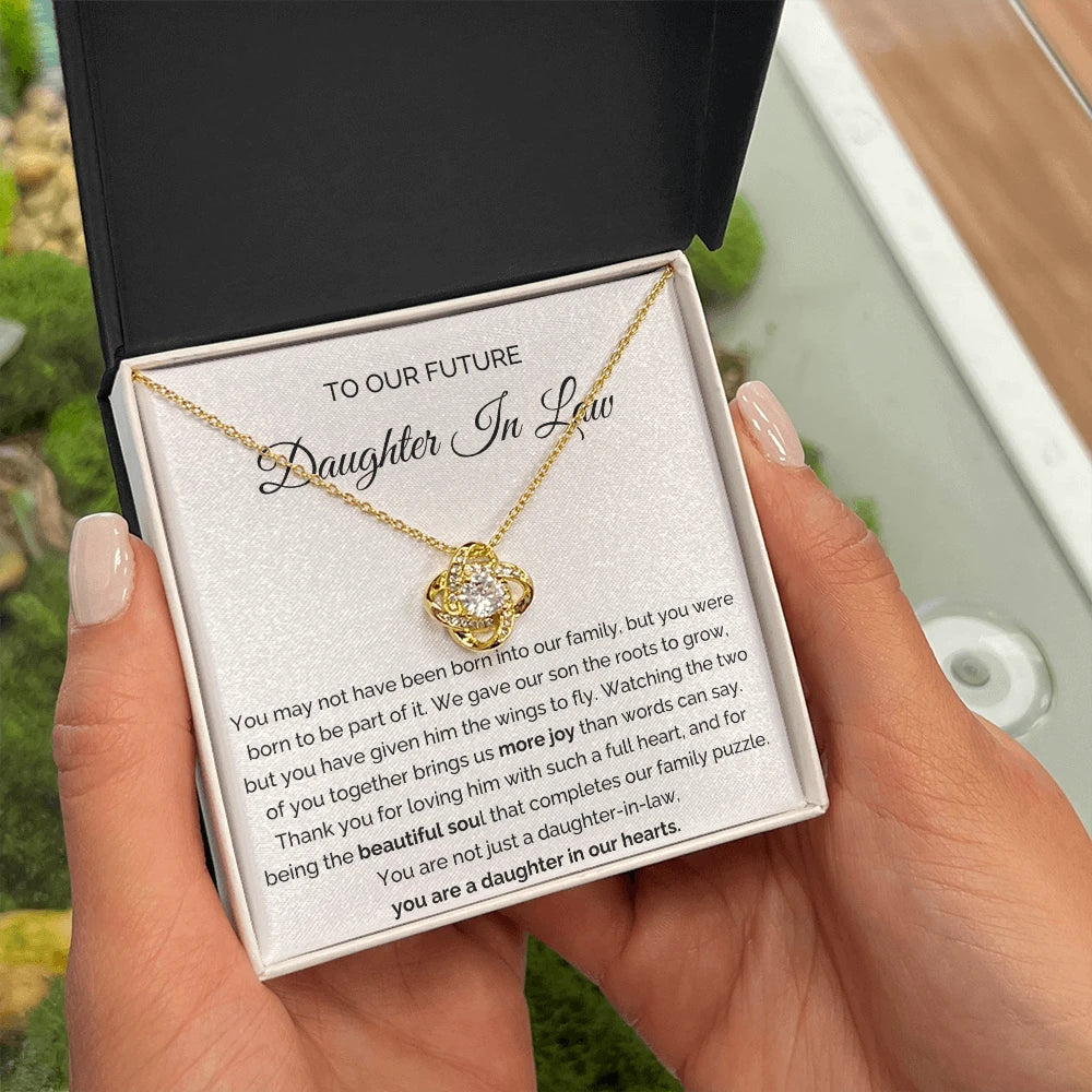 To My Future Daughter-in-law 18K Yellow Gold Love Knot Necklace From Parent-in-law More Joy Message Card Jewelry Standard Box