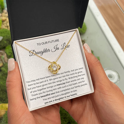 To My Future Daughter-in-law 18K Yellow Gold Love Knot Necklace From Parent-in-law More Joy Message Card Jewelry Standard Box