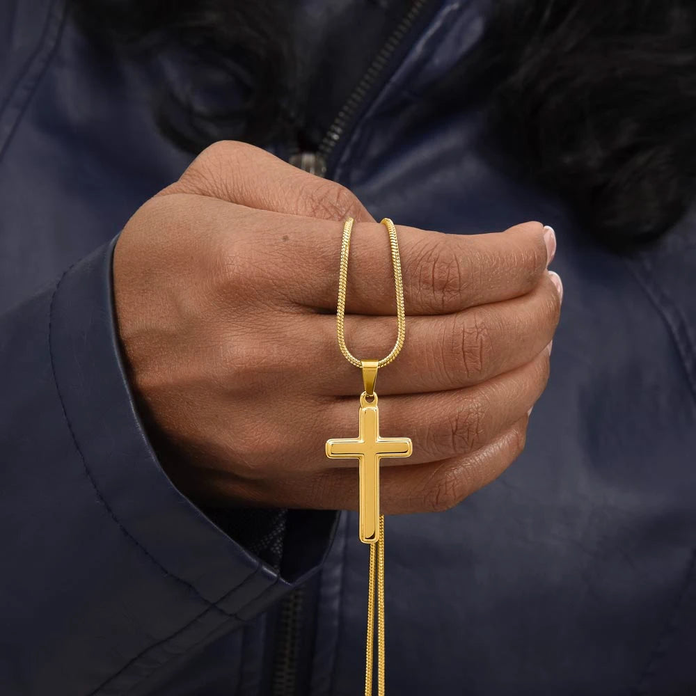 To My Girlfriend's Dad 18K Yellow Gold Artisan Cross Necklace with Snake Chain From Boyfriend Cherish Her Display in Hand