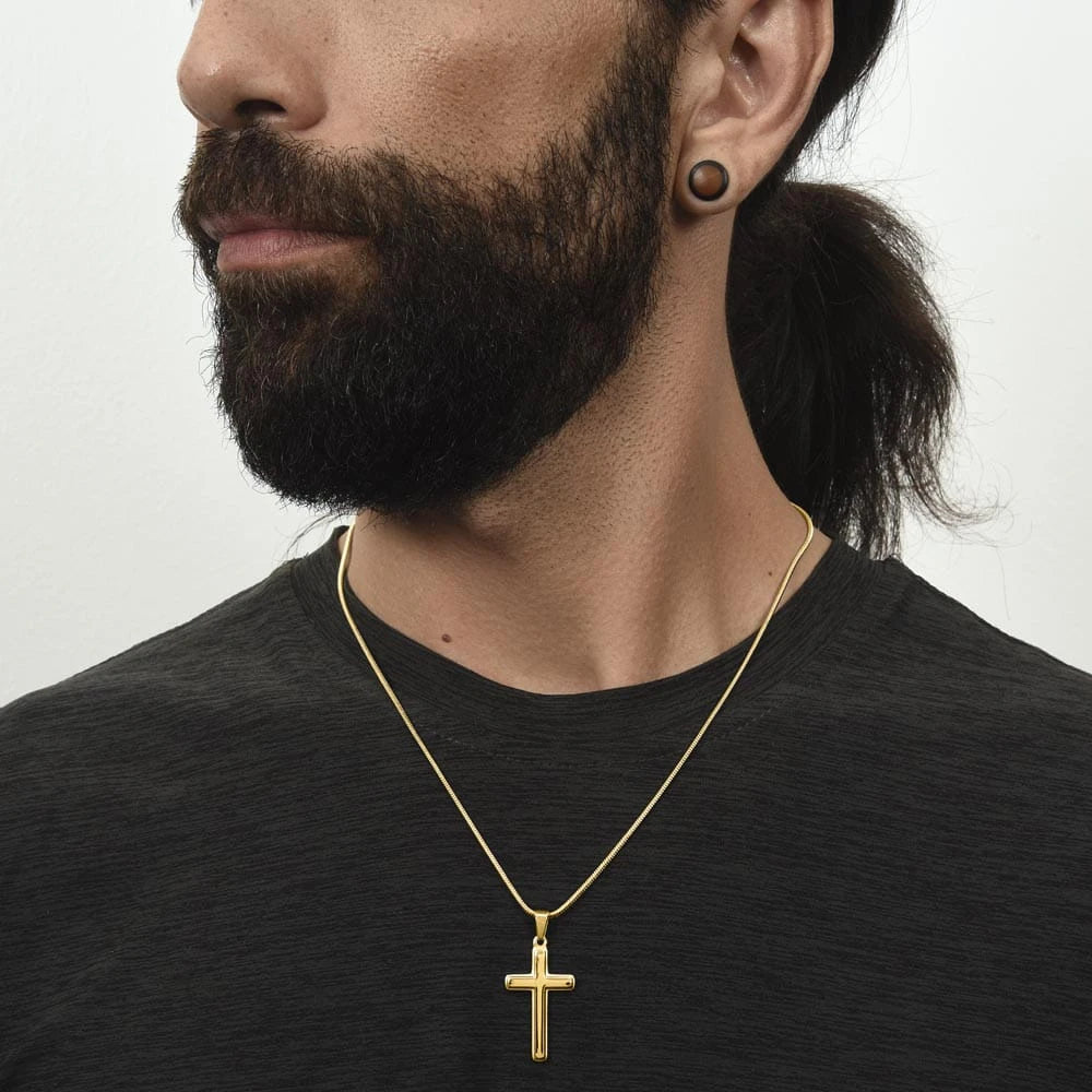 To My Girlfriend's Dad 18K Yellow Gold Artisan Cross Necklace with Snake Chain From Boyfriend Cherish Her Display on Neck