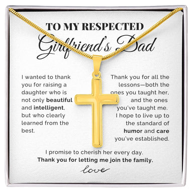 To My Girlfriend's Dad 18K Yellow Gold Artisan Cross Necklace with Snake Chain From Boyfriend Cherish Her Message Card