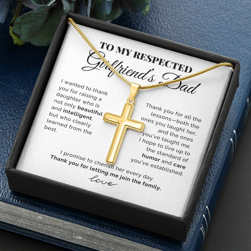 To My Girlfriend's Dad 18K Yellow Gold Artisan Cross Necklace with Snake Chain From Boyfriend Cherish Her Message Card Standard Box