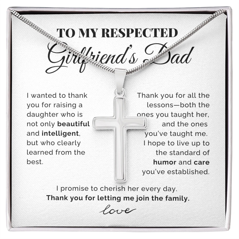To My Girlfriend's Dad Polished Stainless Steel Artisan Cross Necklace with Snake Chain From Boyfriend Cherish Her Message Card
