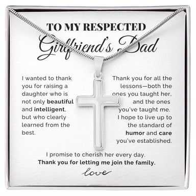 To My Girlfriend's Dad Polished Stainless Steel Artisan Cross Necklace with Snake Chain From Boyfriend Cherish Her Message Card