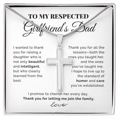 To My Girlfriend's Dad Polished Stainless Steel Artisan Cross Necklace with Snake Chain From Boyfriend Cherish Her Message Card