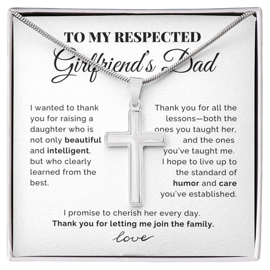 To My Girlfriend's Dad Polished Stainless Steel Artisan Cross Necklace with Snake Chain From Boyfriend Cherish Her Message Card
