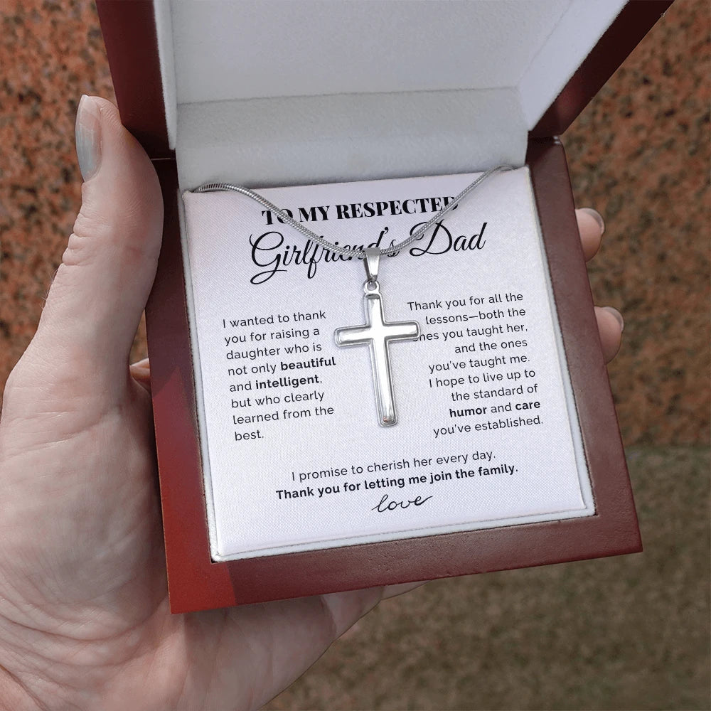 To My Girlfriend's Dad Polished Stainless Steel Artisan Cross Necklace with Snake Chain From Boyfriend Cherish Her Message Card Luxury Box