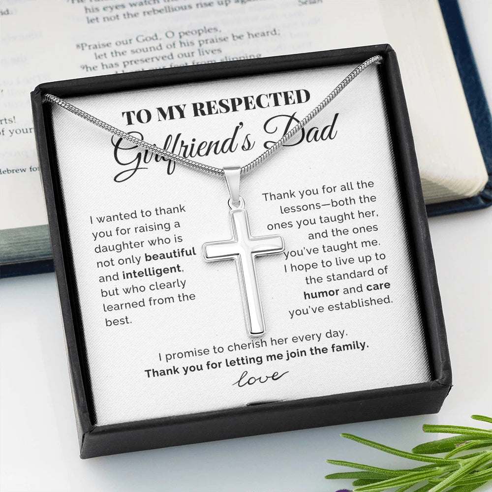 To My Girlfriend's Dad Polished Stainless Steel Artisan Cross Necklace with Snake Chain From Boyfriend Cherish Her Message Card Standard Box