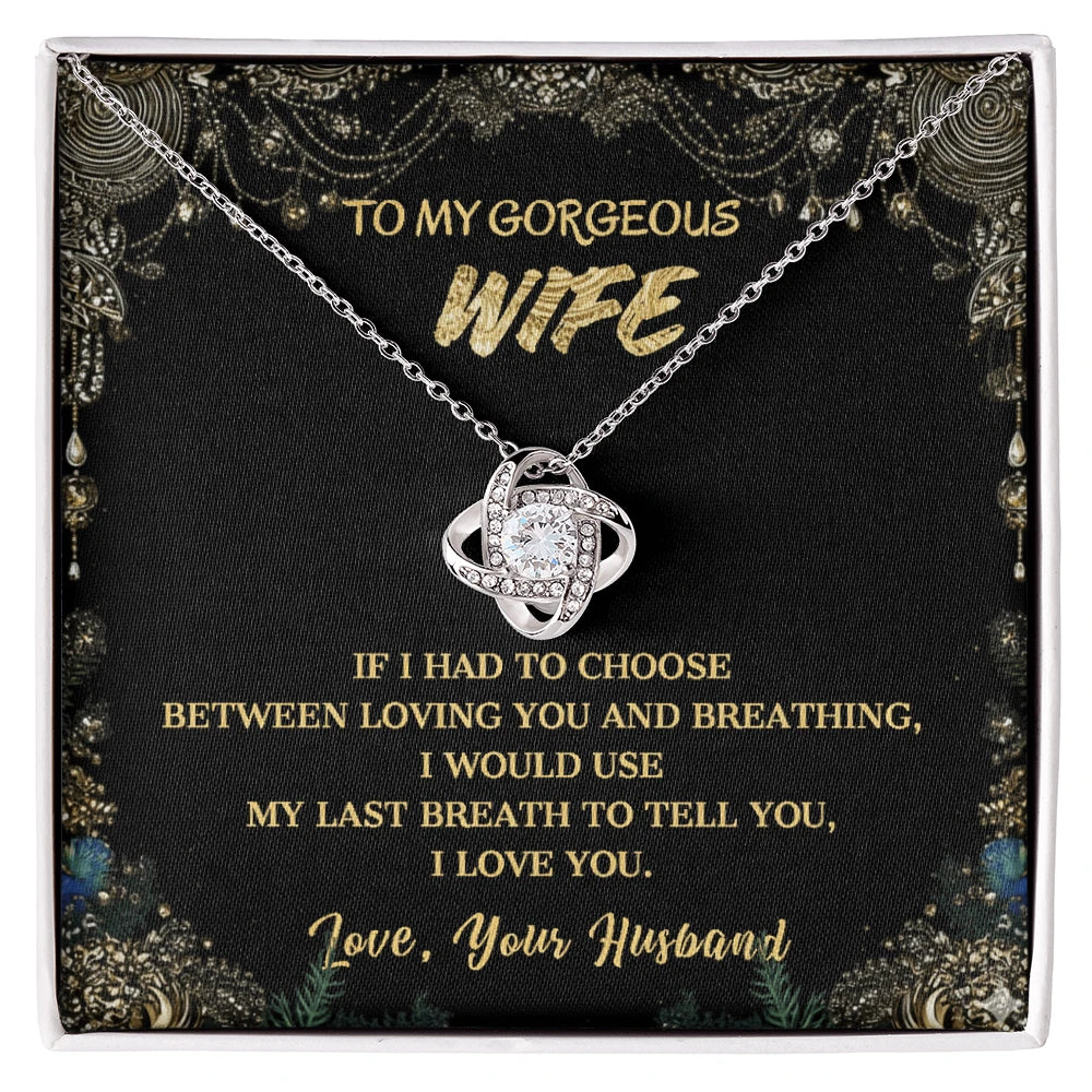 To My Gorgeous Wife Love Knot Necklace I Love You From Husband 14K White Gold Message Card