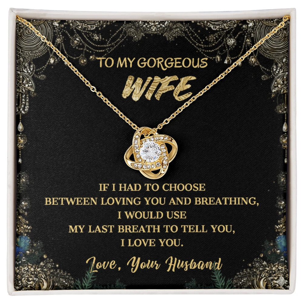 To My Gorgeous Wife Love Knot Necklace I Love You From Husband 18K Yellow Gold Message Card