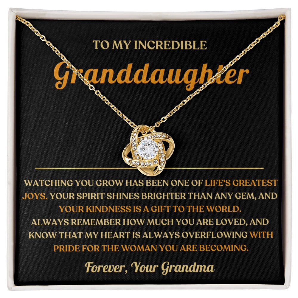 To My Granddaughter 18K Yellow Gold Love Knot Necklace From Grandma Greatest Joy Message Card Jewelry