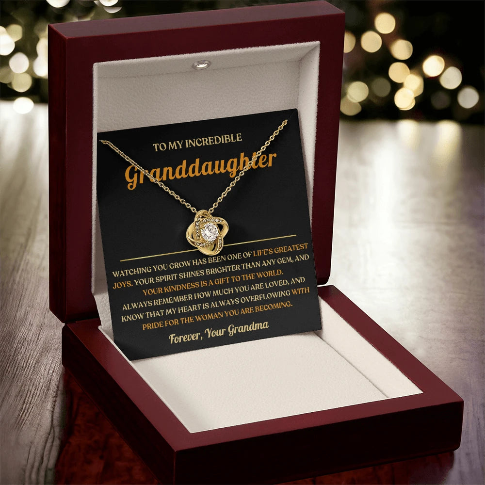 To My Granddaughter 18K Yellow Gold Love Knot Necklace From Grandma Greatest Joy Message Card Jewelry Luxury Box
