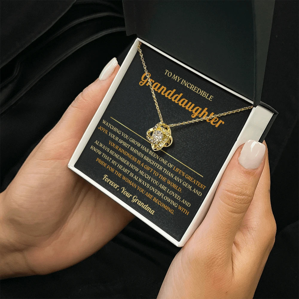 To My Granddaughter 18K Yellow Gold Love Knot Necklace From Grandma Greatest Joy Message Card Jewelry Standard Box