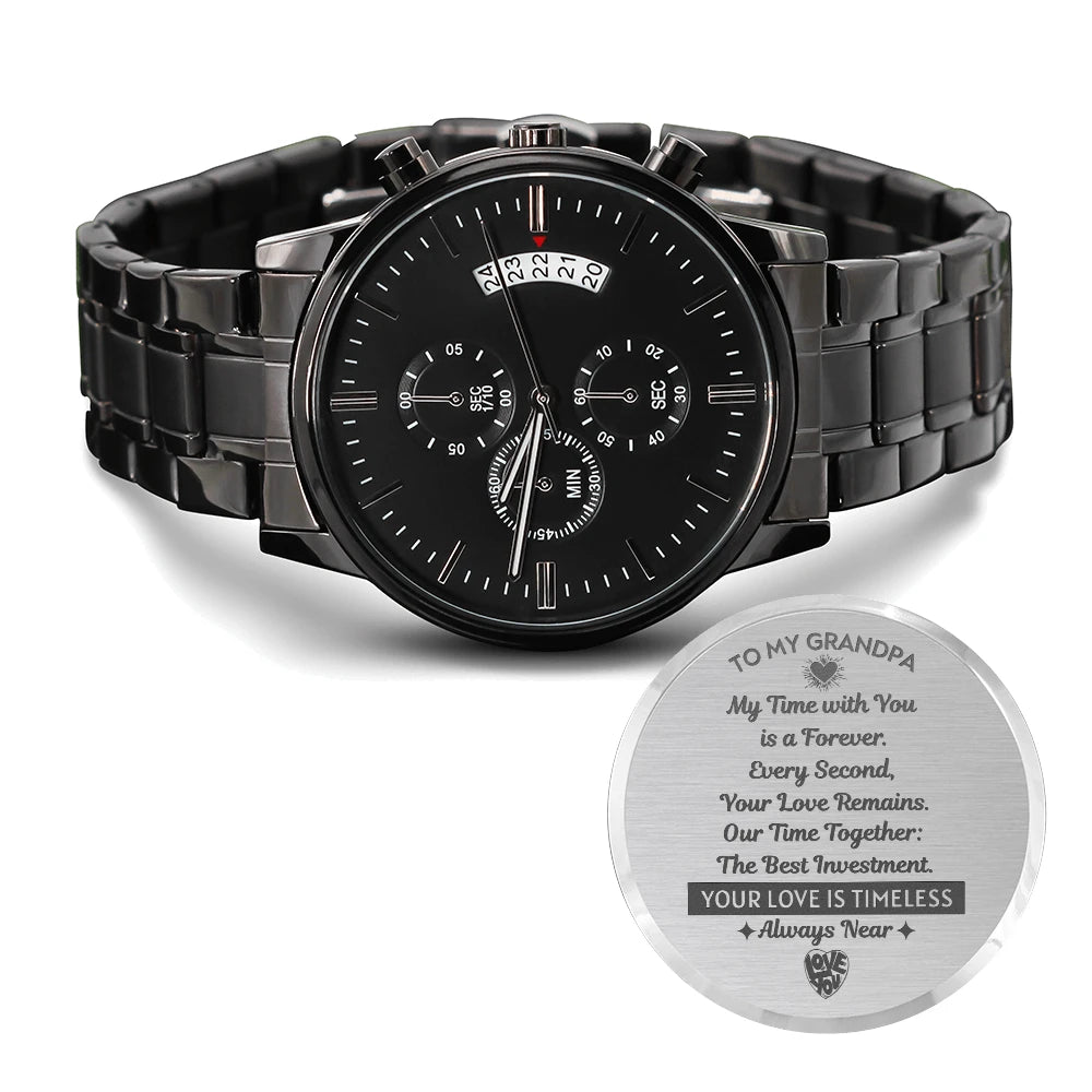To My Grandpa Black Chronograph Watch With Back From Grandchildren Your Love Is Timeless