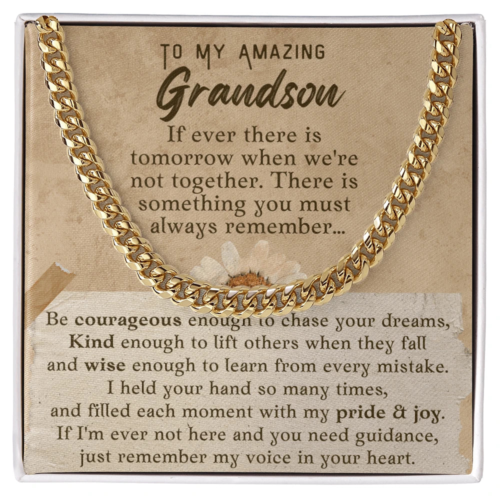 To My Grandson 18K Yellow Gold Cuban Link Chain From Grandparents Pure and Joy Message Card