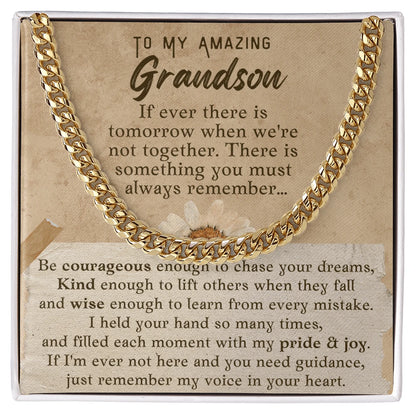 To My Grandson 18K Yellow Gold Cuban Link Chain From Grandparents Pure and Joy Message Card