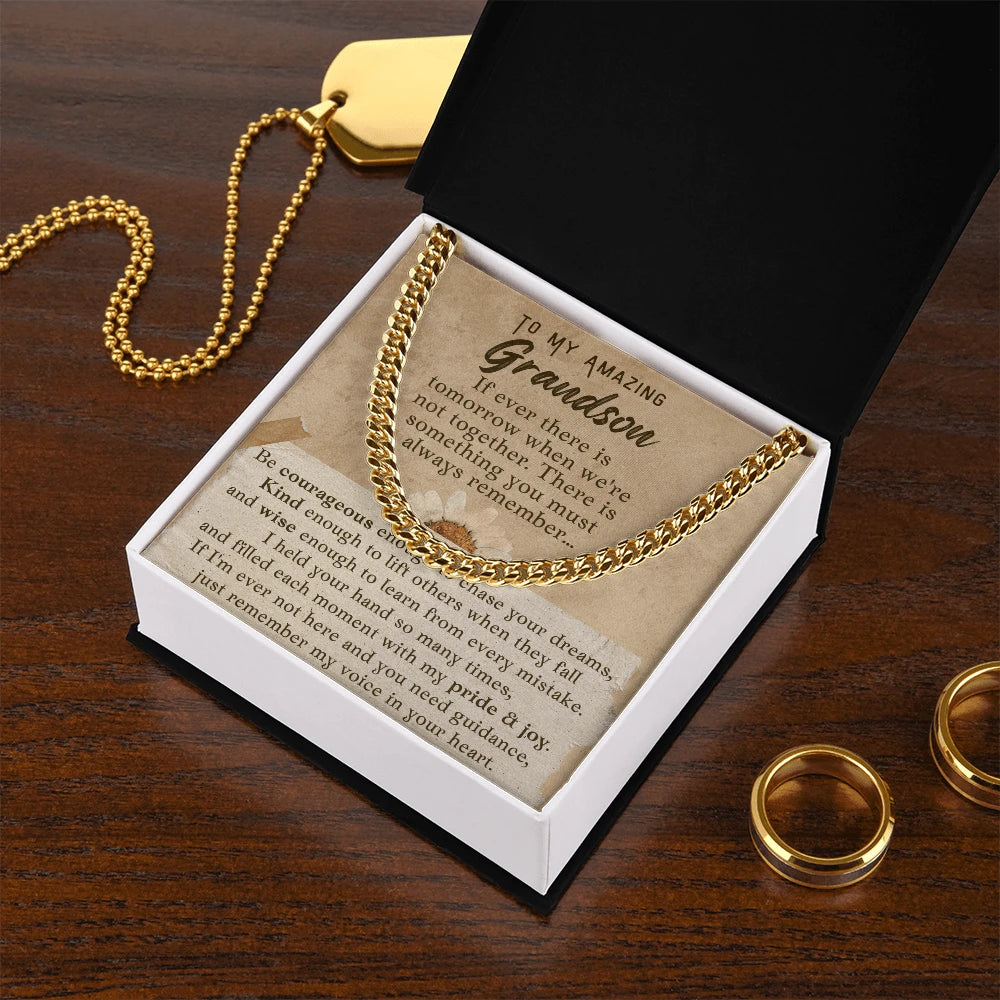 To My Grandson 18K Yellow Gold Cuban Link Chain From Grandparents Pure and Joy Message Card Standard Box