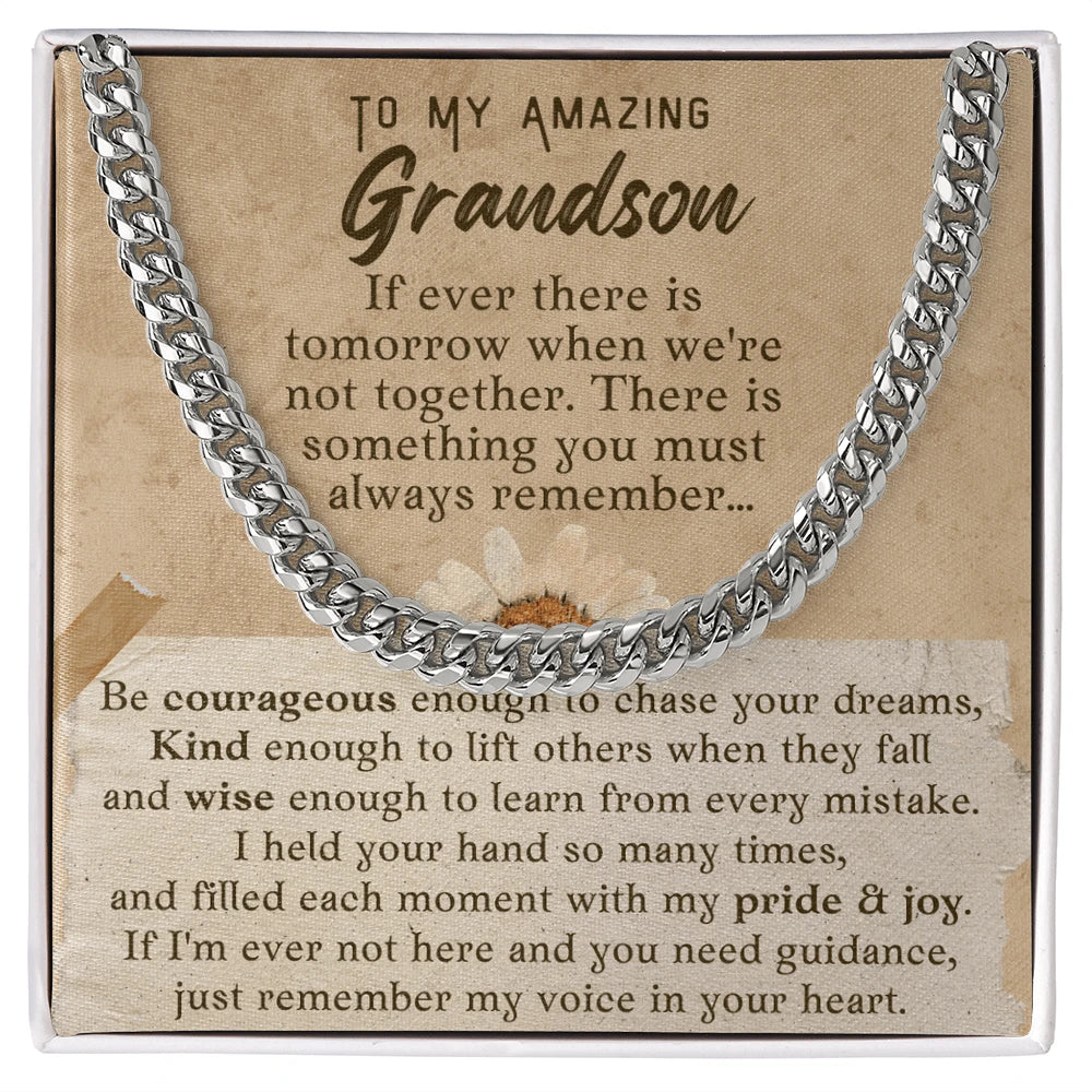 To My Grandson Stainless Steel Cuban Link Chain From Grandparents Pure and Joy Message Card