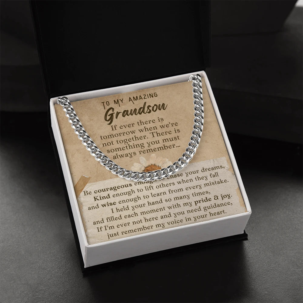 To My Grandson Stainless Steel Cuban Link Chain From Grandparents Pure and Joy Message Card Standard Box