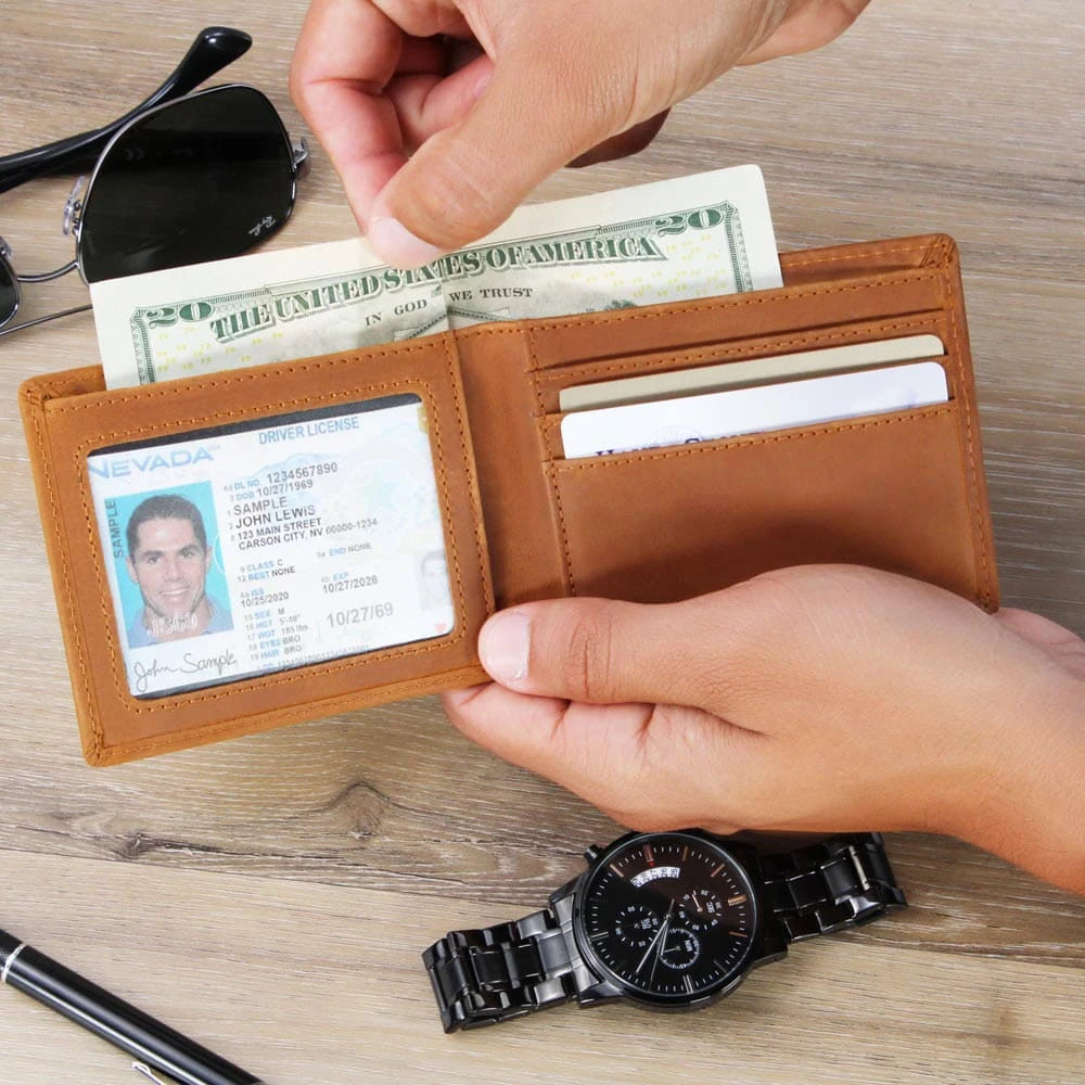 To My Husband Leather Wallet From Wife Love You Display in Hand