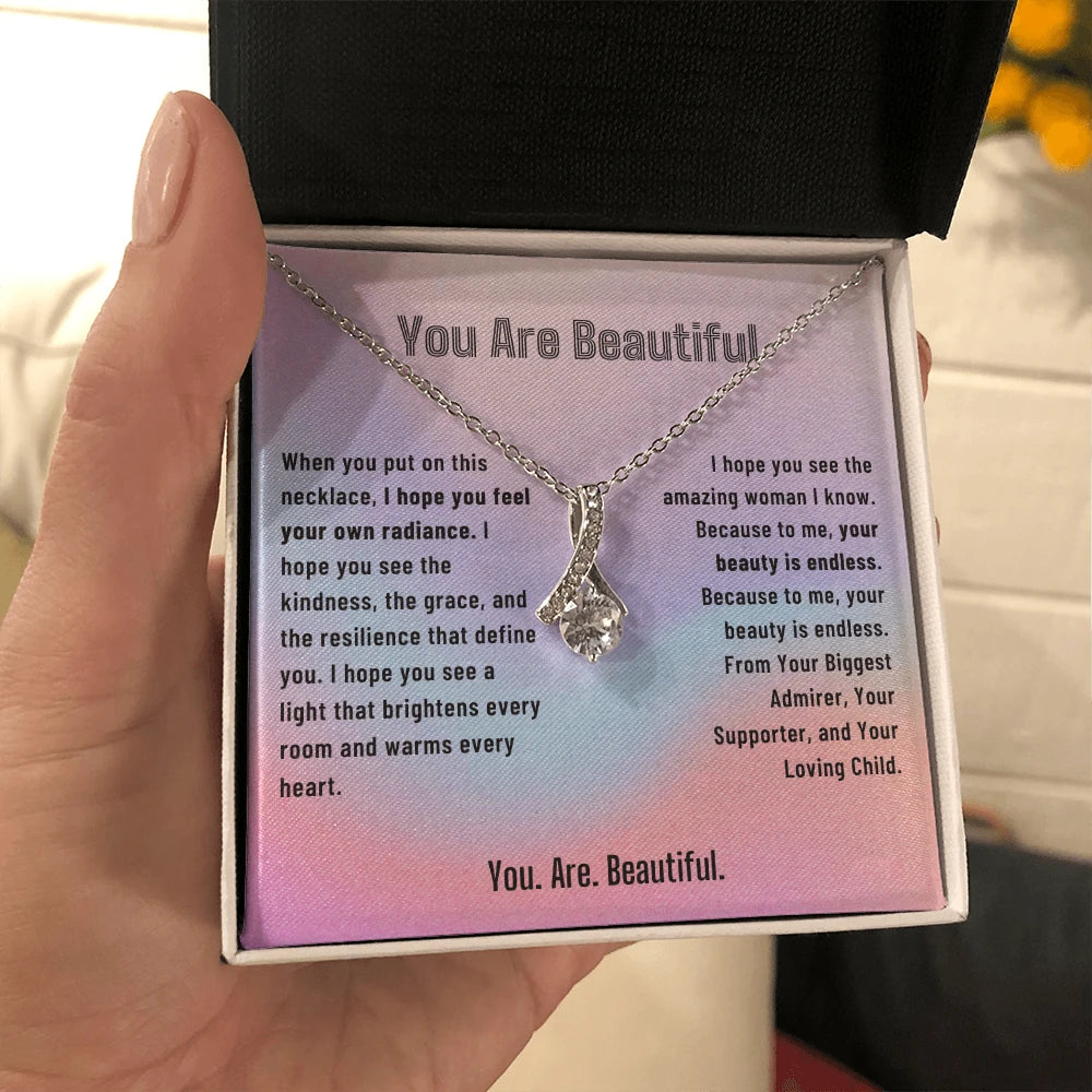 To My Mom 14K White Gold Alluring Beauty Necklace From Children You Are Beautiful Message Card Jewelry Standard Box